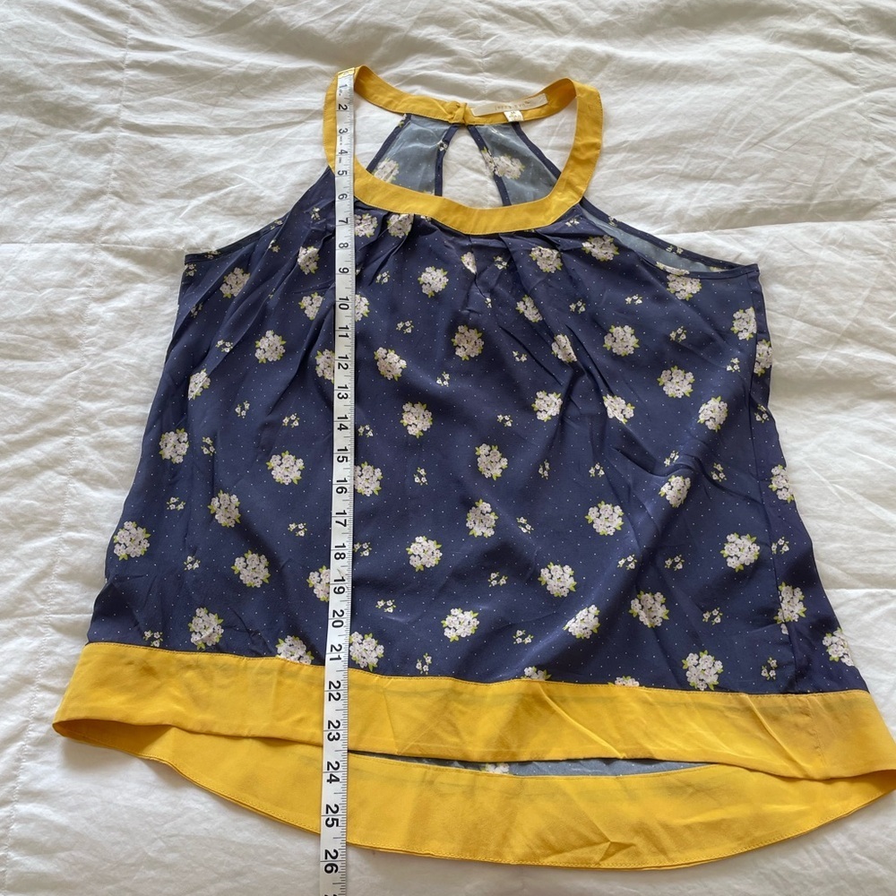 Jenny Han blue and yellow floral 100% silk sleeveless high low blouse | M - Picture 8 of 8